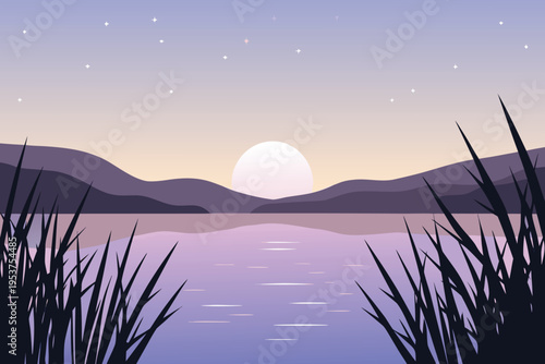 Serene landscape depicts a calm lake at twilight with mountains