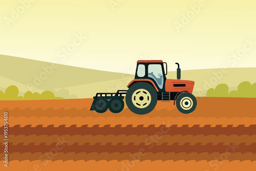Red tractor plowing a field on a sunny rural landscape