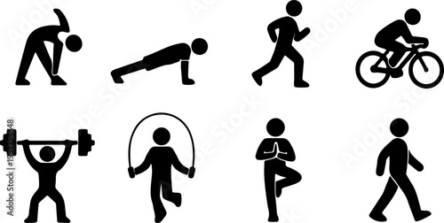 Fitness Exercise Silhouette Icons Set Push Up Running Skipping Yoga Pose Vector