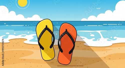 Colorful flip flops on sandy beach by ocean waves sunny day summer vacation