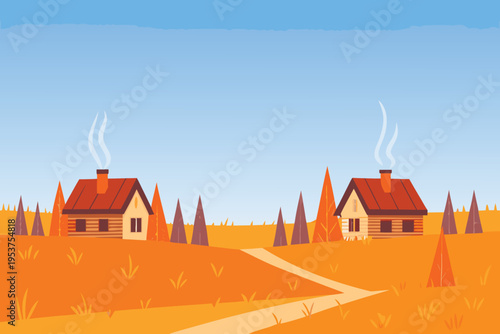 Two cozy cabins nestled in an autumnal forest landscape