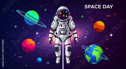 Astronaut in space suit floating among colorful planets and stars on space day