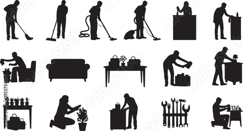 Various household chores and cleaning tasks in black silhouettes
