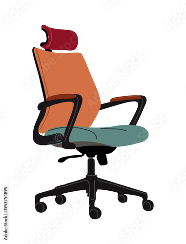 Modern office chair with colorful design and adjustable headrest. Contoured seat and backrest offer ergonomic comfort. Black frame supports swivel movement with caster wheels