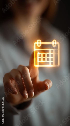 Woman Touching Glowing Virtual Calendar Icon for Schedule Planning and Time Management Concept