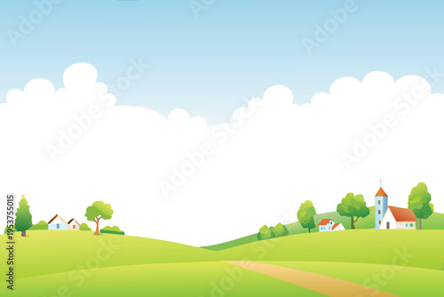 A peaceful countryside landscape with rolling green hills and blue sky