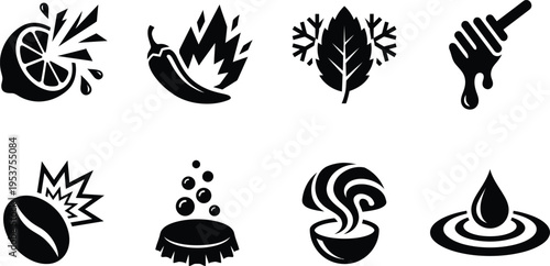 Minimalist Flavor and Sensation Icon Set, Food and Drink Taste Profile Symbols for Spicy Citrus Mint Honey Coffee Carbonated Hot and Liquid Drop Vector Illustrations for Menu Design