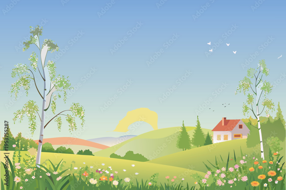 Fototapeta premium Idyllic countryside scene with a small house and rolling hills