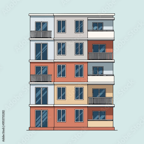 Cartoon illustration of a five-story colorful apartment building with balconies