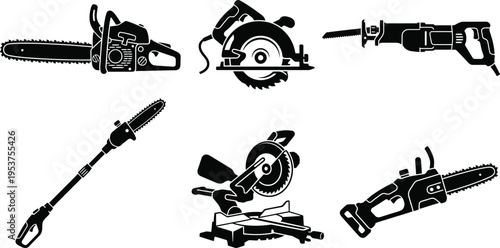 Chainsaw Power Saw Icon Vector Set | Electric Cutting Tool Equipment Symbol Collection Black Isolated on White