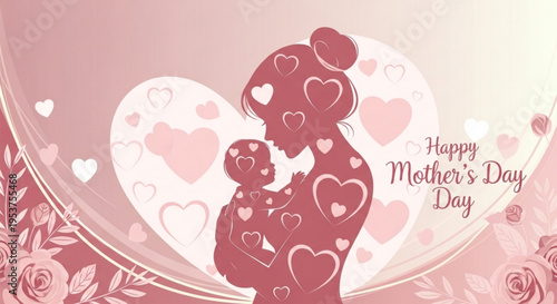 Mother and child in heart shape with happy mother's day text on pink background with roses and hearts