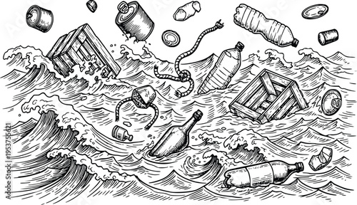 Vintage engraving ocean pollution illustration with floating junk and sea waves vector