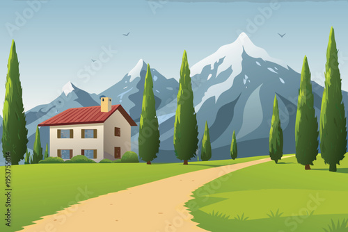 Charming house nestled in a picturesque landscape with snow capped mountains