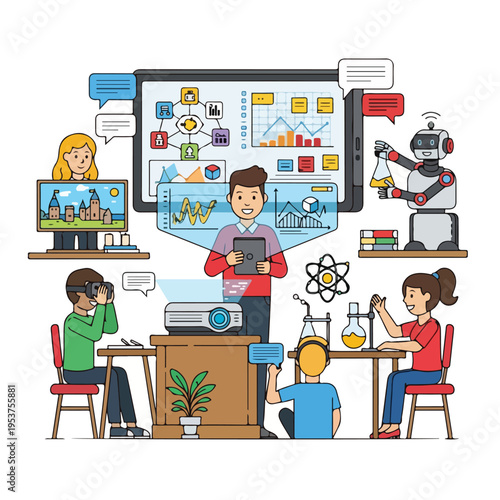Cartoon illustration of students, robot and technology, lab and data displays