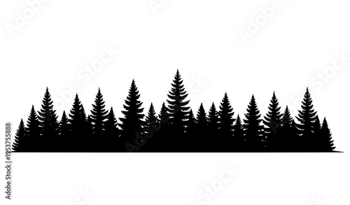 Black and white forest landscape vector with pine trees silhouette nature scene isolated on white background