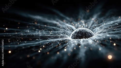 Abstract glowing neural network and dark singularity. Futuristic macro science visualization of brain synapses, artificial intelligence, quantum physics or cosmic black hole concept background