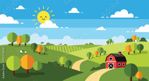 Cartoon landscape depicts a sunny day on a green farm