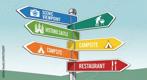 Directional Sign Post with Scenic Viewpoint, Historic Castle, Campsite, and Restaurant.