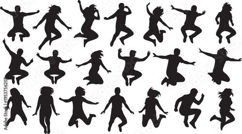 Silhouettes of people jumping in various dynamic poses together