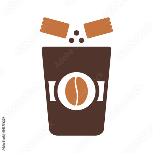 A takeaway cup with sugar packets represents sweetened coffee service. This graphic suits cafe menus, condiment graphics, beverage branding, and tabletop promotions