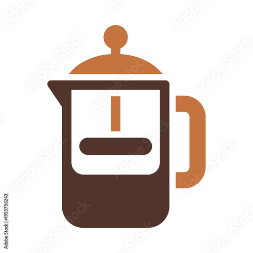 A press pot represents manual coffee brewing with a plunger device. This graphic suits barista guides, brewing tutorials, cafe menus, and kitchen branding