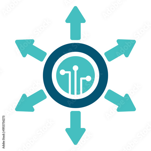 A coin with outward arrows represents decentralized finance and distributed crypto services. This graphic suits fintech platforms, blockchain dashboards, investment apps, and digital payment materials