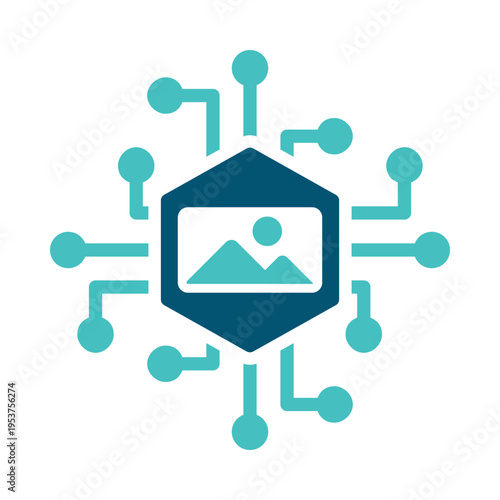 An image file inside a circuit frame represents an NFT and digital ownership. This graphic suits blockchain marketplaces, crypto dashboards, fintech apps, and collectible asset materials