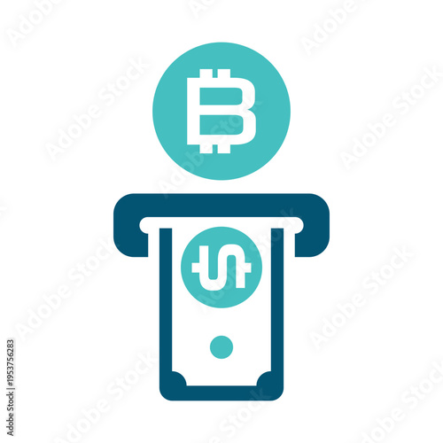 A coin above a device represents cryptocurrency withdrawal and cashout activity. This graphic suits exchange tools, payment interfaces, fintech dashboards, and blockchain service materials