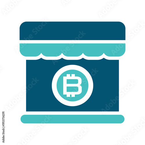 A storefront with a coin sign represents a cryptocurrency market or exchange shop. This graphic suits crypto services, fintech dashboards, blockchain apps, and digital commerce materials
