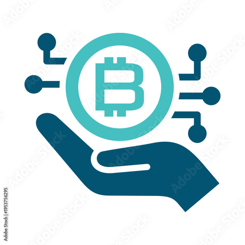 A hand holding a coin represents buying cryptocurrency or receiving a digital asset. This graphic suits payment apps, exchange dashboards, fintech services, and blockchain marketing materials