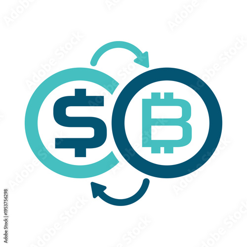 Two currency coins with circular arrows represent cryptocurrency exchange and conversion. This graphic suits trading platforms, fintech apps, blockchain services, and payment interface materials