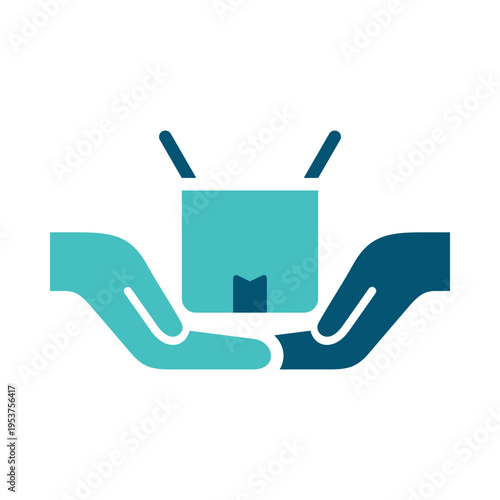 Two hands holding a box represent careful package handling and support. This graphic suits shipping companies, warehouse services, fulfillment systems, and retail logistics materials