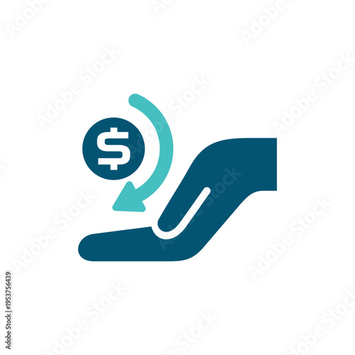 A hand with a money arrow represents purchase refund and returned payment. This graphic suits ecommerce policies, retail support pages, billing systems, and customer service materials