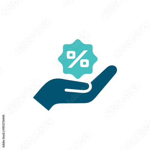 A hand holding a percent badge represents a retail discount and reduced price. This graphic suits ecommerce promotions, sale banners, coupon pages, and shopping app materials
