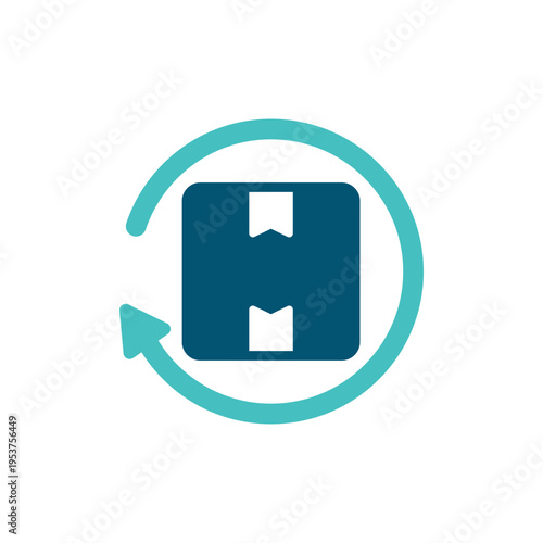 A parcel surrounded by circular arrows represents product return and exchange workflow. This graphic suits ecommerce service pages, retail dashboards, refund policies, and order management materials
