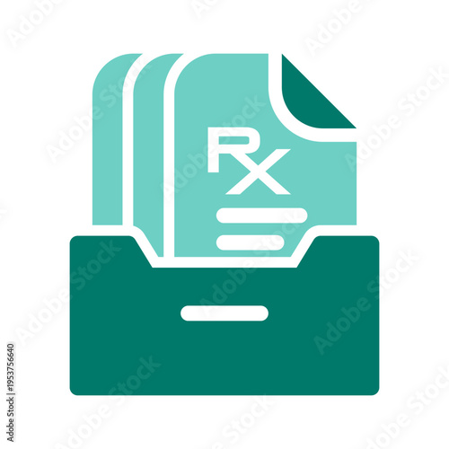 A folder filled with RX files represents archived prescription documents and records. This graphic suits pharmacy databases, clinic repositories, telehealth systems, and healthcare record management 