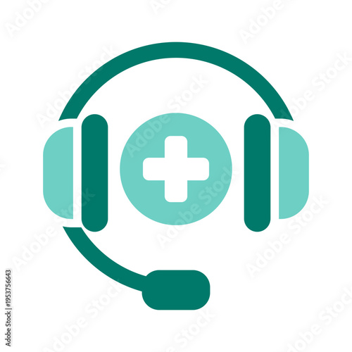 A headset with a medical cross represents technical support for healthcare systems. This graphic suits help centers, telehealth platforms, pharmacy software, and medical service materials