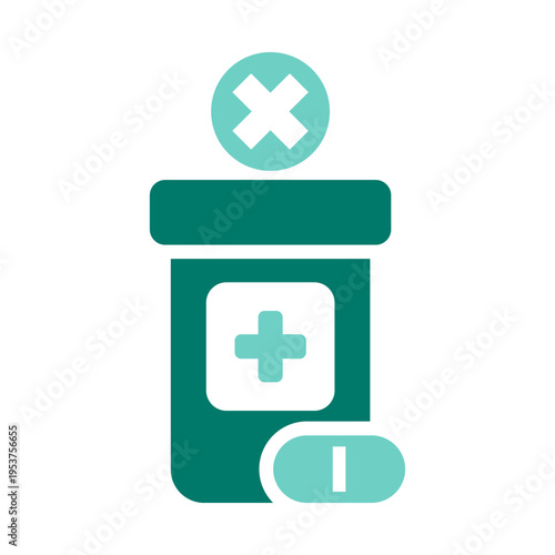 A medicine bottle with a cancel mark represents contraindications and restricted drug use. This graphic suits pharmacy safety systems, clinic alerts, prescribing tools, and healthcare compliance 