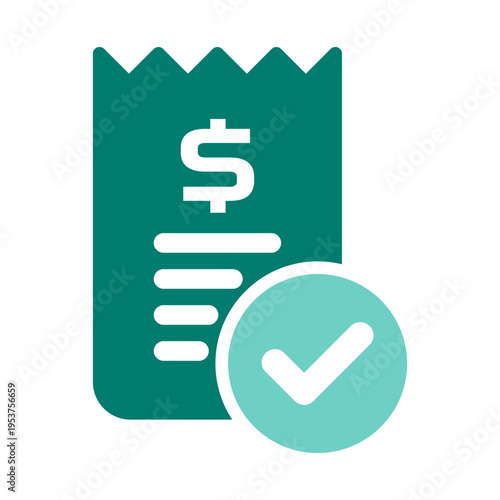 A receipt with a check mark represents confirmed payment for a prescription order. This graphic suits pharmacy billing systems, clinic portals, healthcare apps, and medical checkout materials