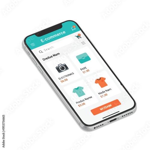 Cartoon style cellphone screen showing e-commerce products for sale