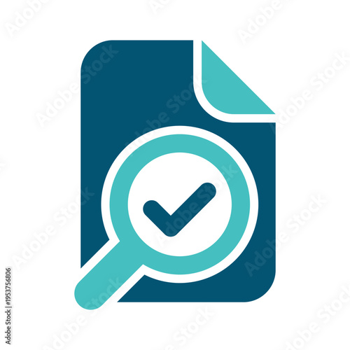A document with a magnifying glass and check mark represents auditing and verified review. This graphic suits accounting services, compliance dashboards, finance reports, and business inspection 
