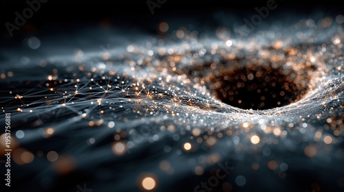 Abstract glowing neural network and dark singularity. Futuristic macro science visualization of brain synapses, artificial intelligence, quantum physics or cosmic black hole concept background