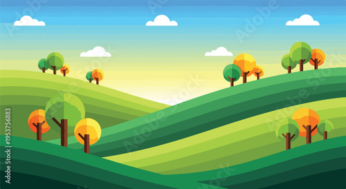Cartoon-style illustration depicts a rolling green landscape with trees