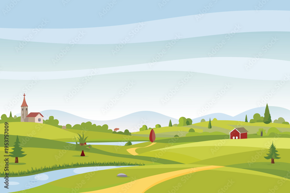 Obraz premium Cartoon landscape featuring rolling hills river and quaint houses