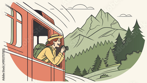 Adventurous traveler captures mountain scenery from a moving train window