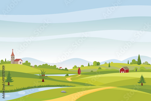 Cartoon landscape featuring rolling hills river and quaint houses