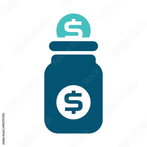 A bottle with a currency mark represents accumulated funds and stored savings. This graphic suits budgeting tools, banking materials, charity finance content, and investment presentations