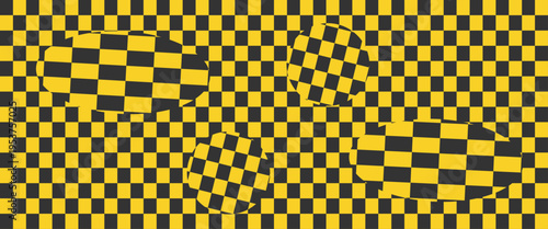 Optical illusion background with yellow and black checkered pattern. Abstract distorted checkerboard with warped spheres and ellipses for racing sport and taxi service design