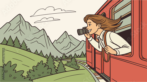 Young woman joyfully captures mountain scenery from a moving train window