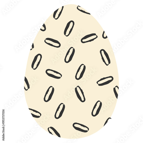 Minimalist Easter egg with short black ink strokes and dashes on beige background. Simple hand drawn texture for modern spring holiday graphic elements and creative pattern design